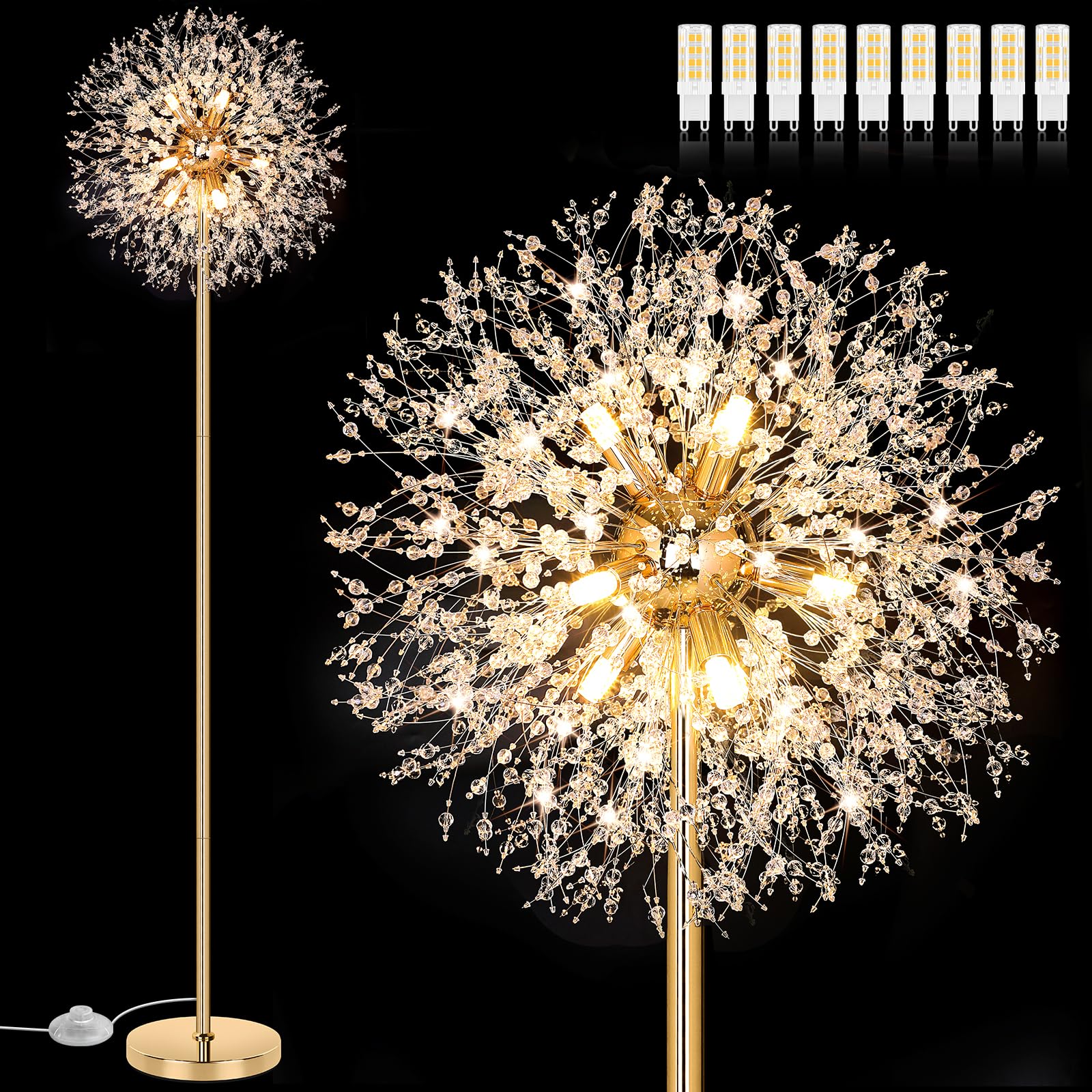 BesLowe 69-inch crystal floor lamp with dandelion-pattern crystals for elegant living spaces.