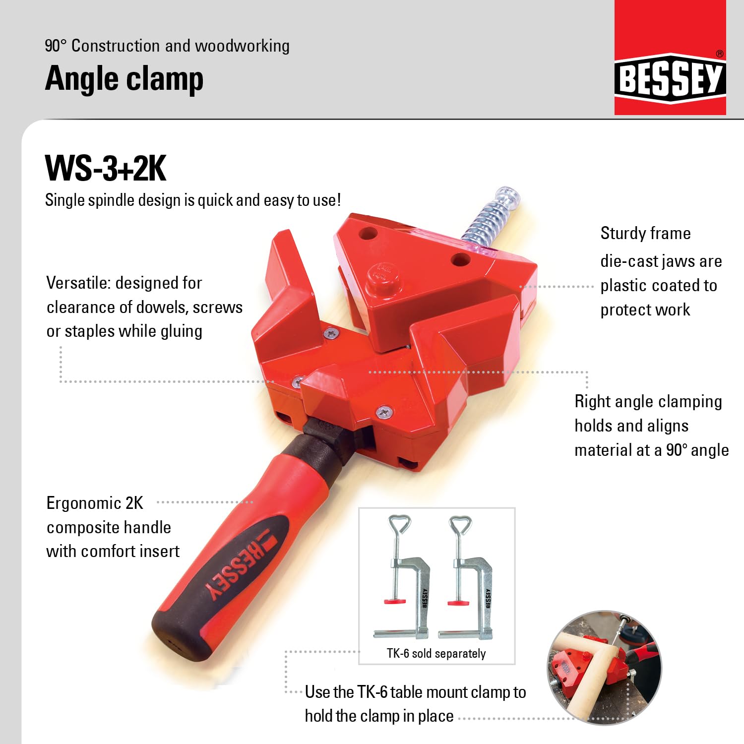 BESSEY WS-3+2K-CB angle clamp highlighting die-cast, protective jaws.