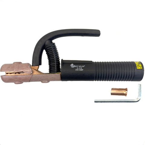 BEST WELDS 900-A-316 electrode holder front view with comfortable grip and secure brass connections