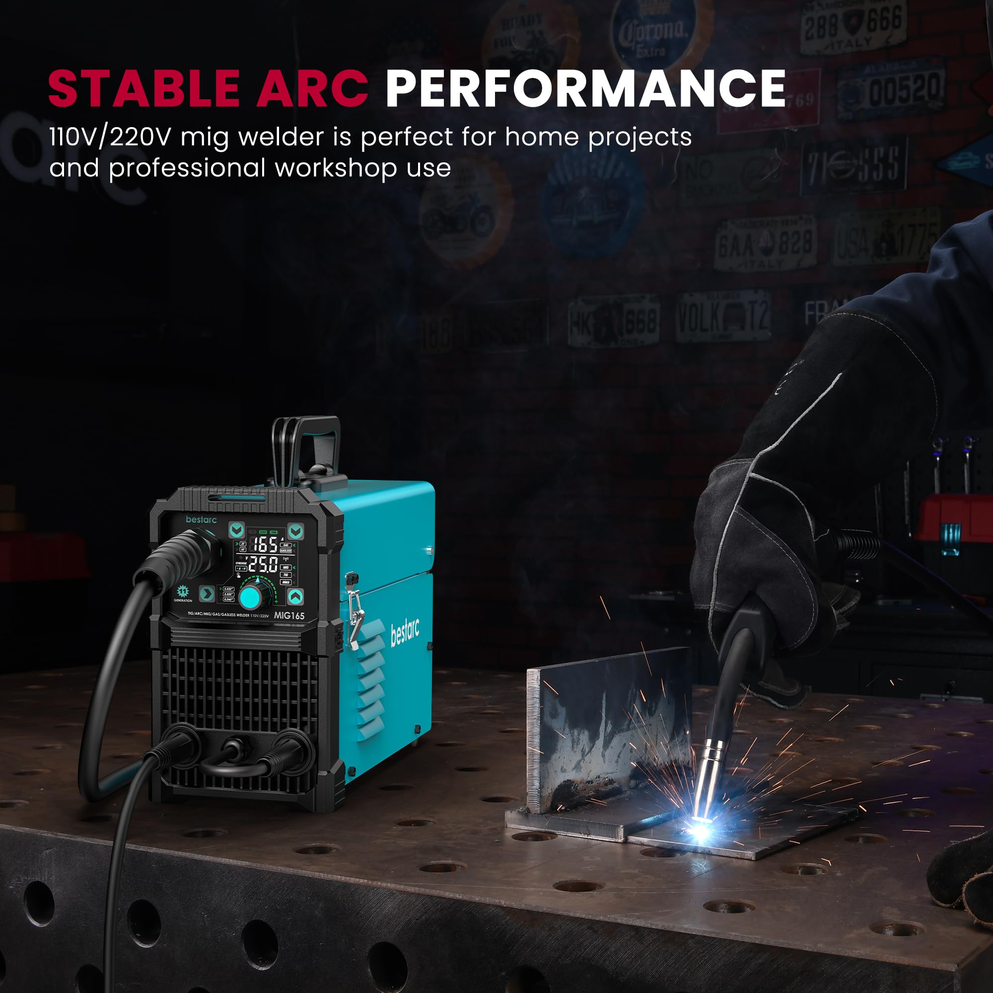 BestArc MIG165 dual-voltage indicator confirms 110V or 220V readiness.