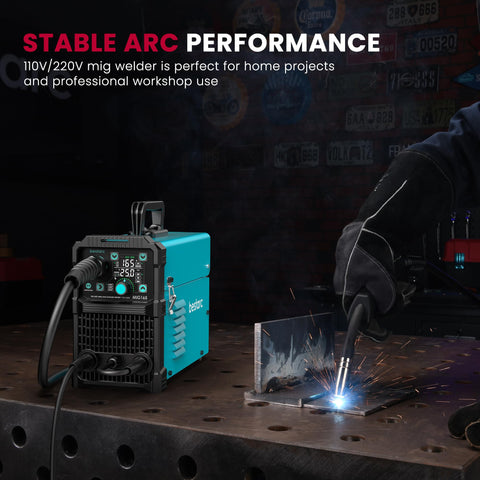 BestArc MIG165 dual-voltage indicator confirms 110V or 220V readiness.