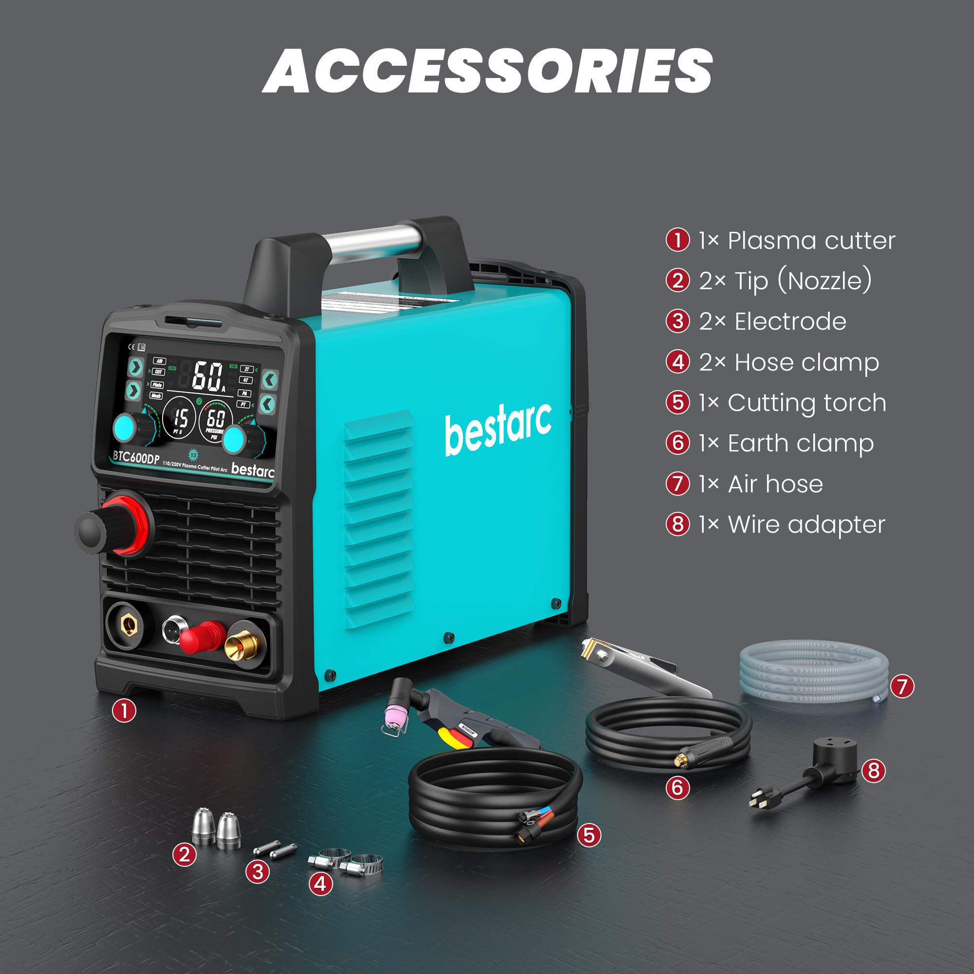 Bestarc plasma cutter quick-connect air adapter works with standard compressors for fast setup.