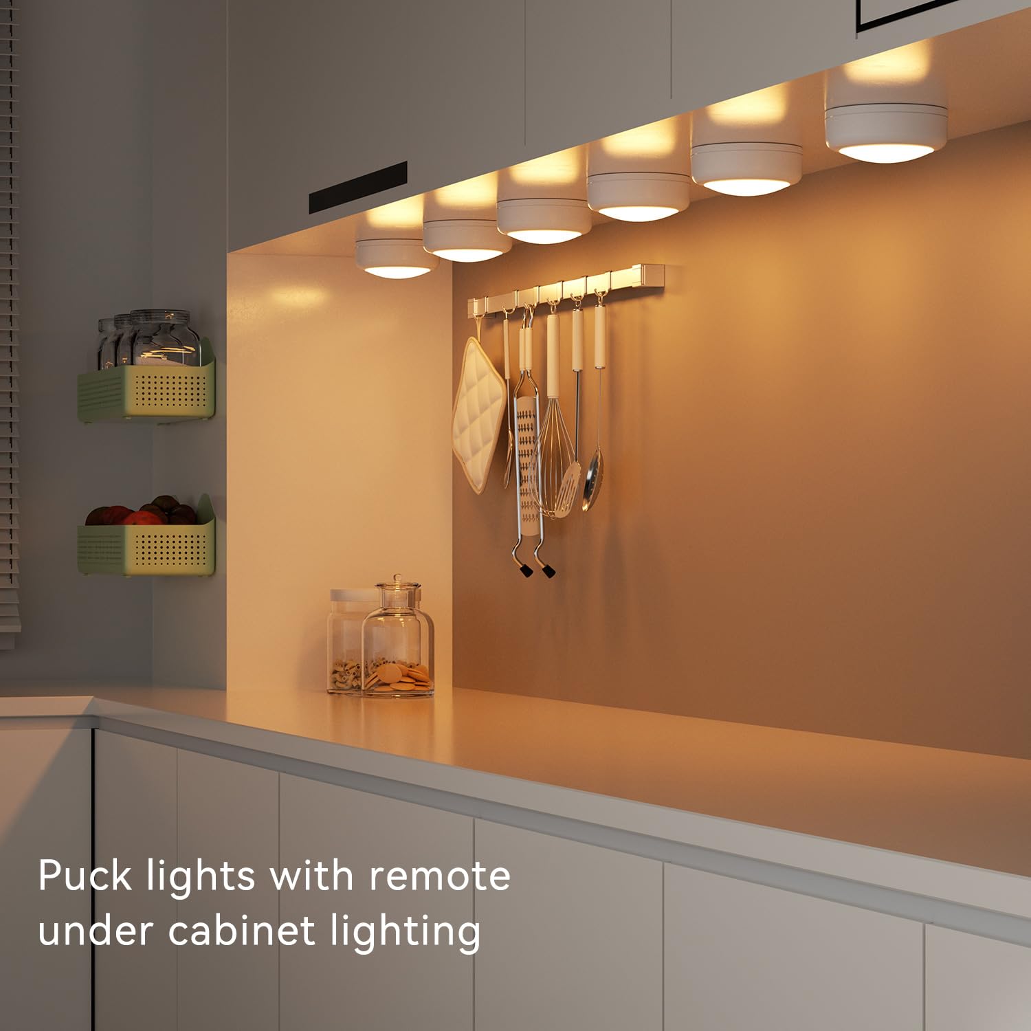 BESTDLCLITE puck lights display 13 colors for versatile mood lighting on a cabinet.
