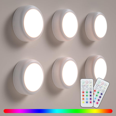 BESTDLCLITE LED puck lights with remote on cabinet for bright under-cabinet lighting.