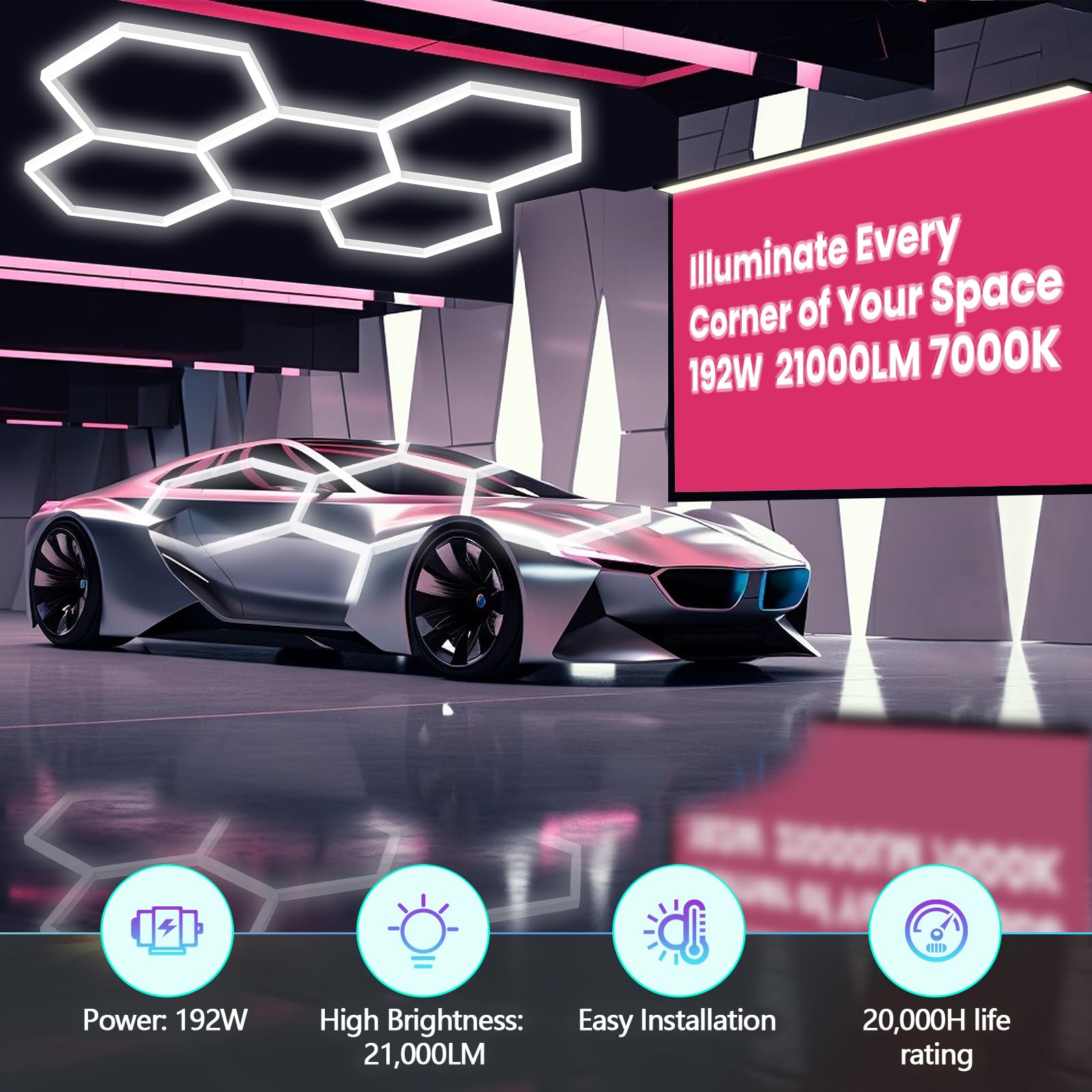 BESTECCT hexagon garage light brightness demo highlights 21,000 lumens for wide coverage