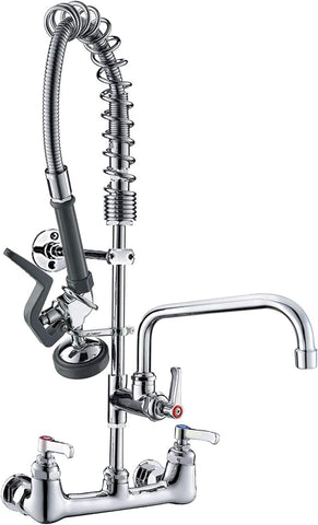 BESTJEEF commercial wall-mount faucet with front view and pull-down sprayer for quick rinsing.