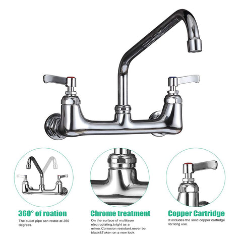 BESTJEEF wall mount faucet 12-inch swivel spout for flexible sink access.