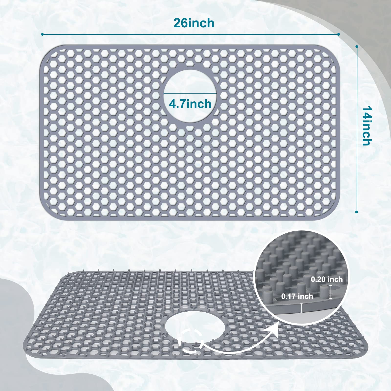 Bestjing silicone sink protector bottom-surface; hex grid allows water drainage and quick cleaning.
