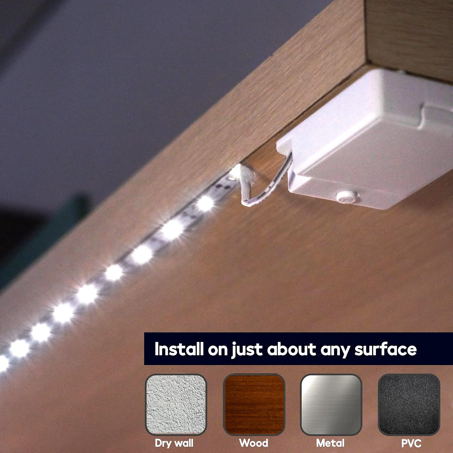 BestLuz adhesive 3M-backed light strip mounts securely on shelves.