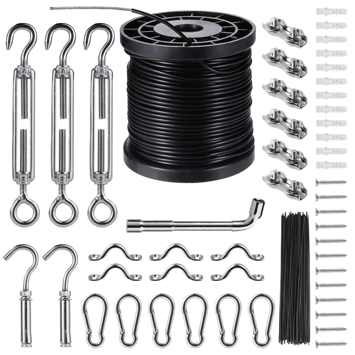 BESTNEWLL nylon-coated stainless steel cable 164 ft for durable outdoor lighting setup.
