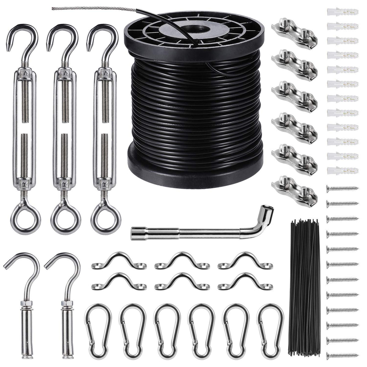 BESTNEWLL nylon-coated stainless steel cable 164 ft for durable outdoor lighting setup.