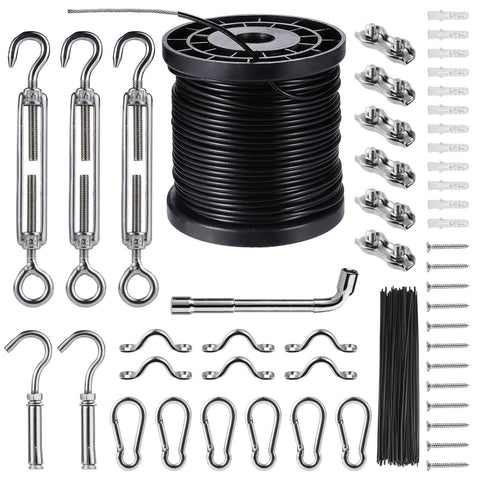 BESTNEWLL nylon-coated stainless steel cable 164 ft for durable outdoor lighting setup.