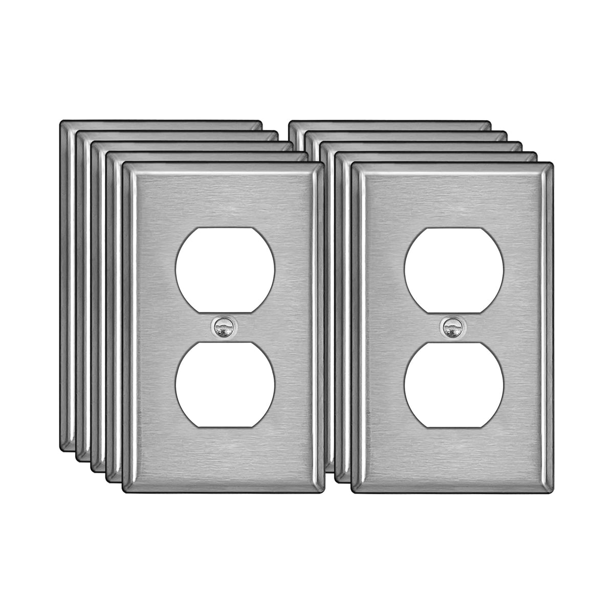 BESTTEN 10-pack duplex wall plate in brushed stainless steel with corrosion resistance.
