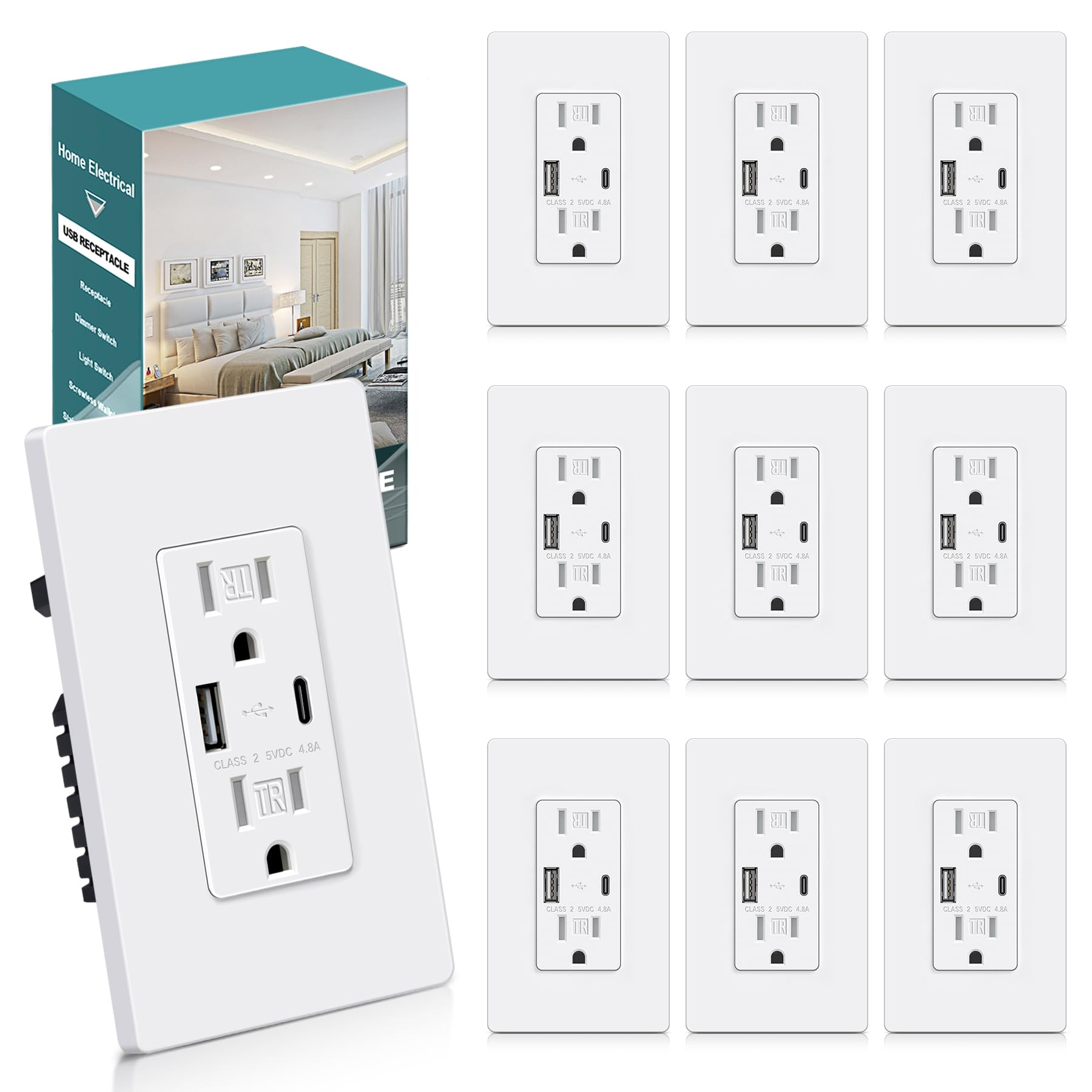 BESTTEN 10-pack USB outlet with USB-ports enables fast charging in any room.