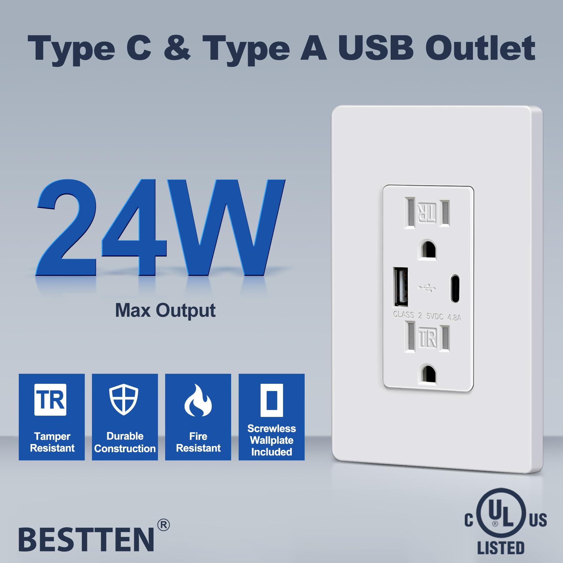 BESTTEN 15-amp wall outlet with USB ports powers smartphones and tablets efficiently.