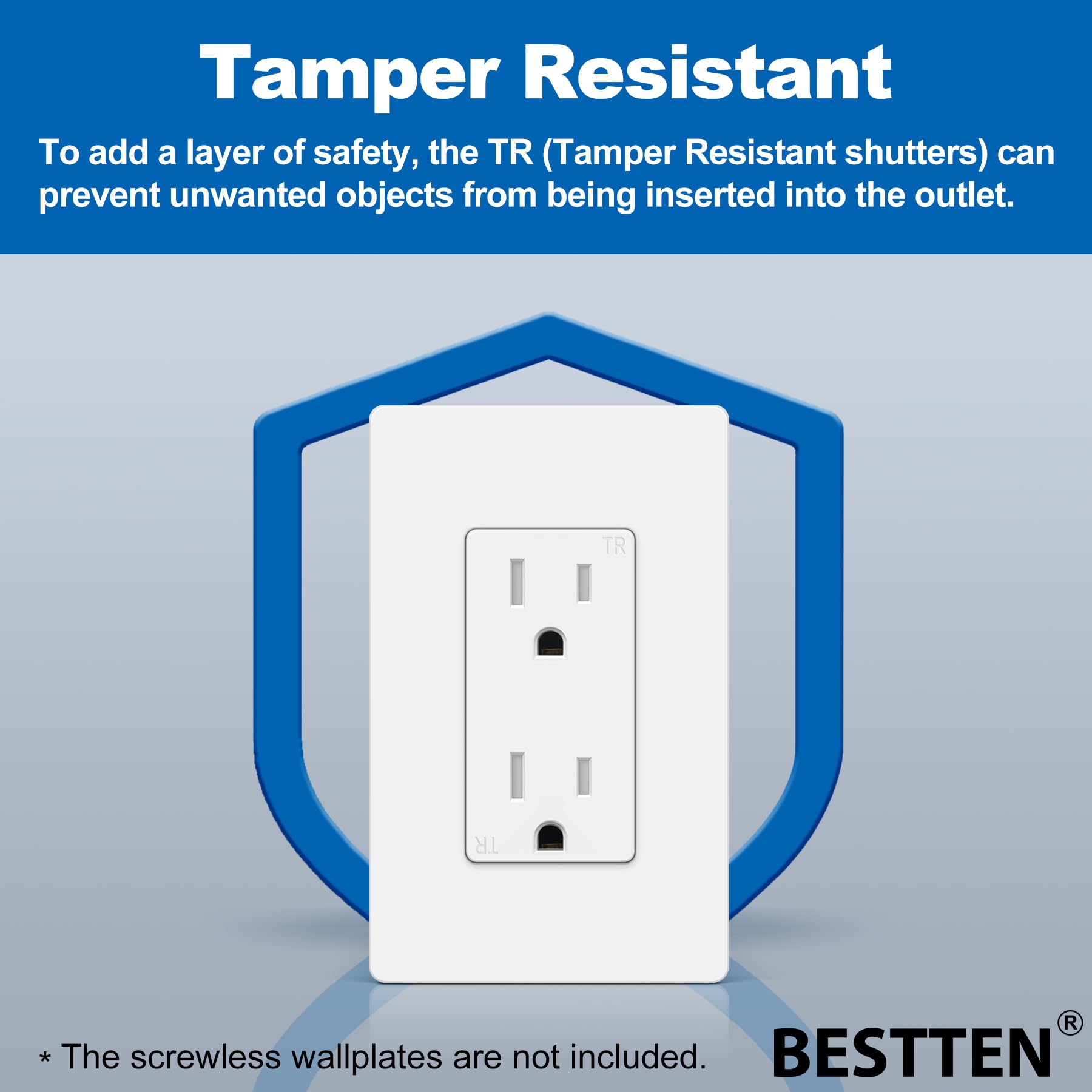 BESTTEN 15A Decor Outlet back wiring view supports push-in and side wiring.