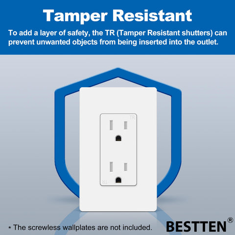 BESTTEN 15A Decor Outlet back wiring view supports push-in and side wiring.