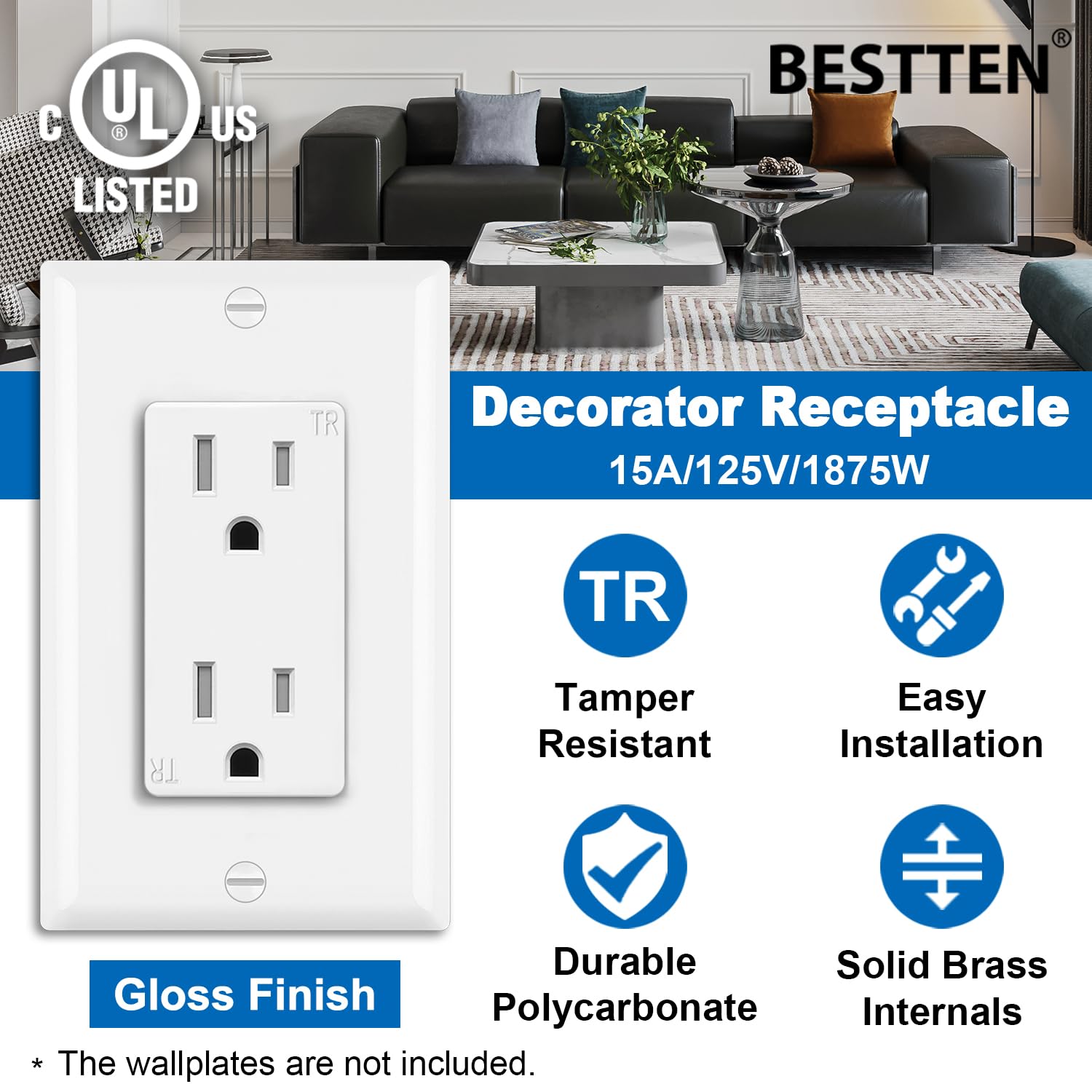 BESTTEN 15A Decor Outlet side wiring view for quick installation.