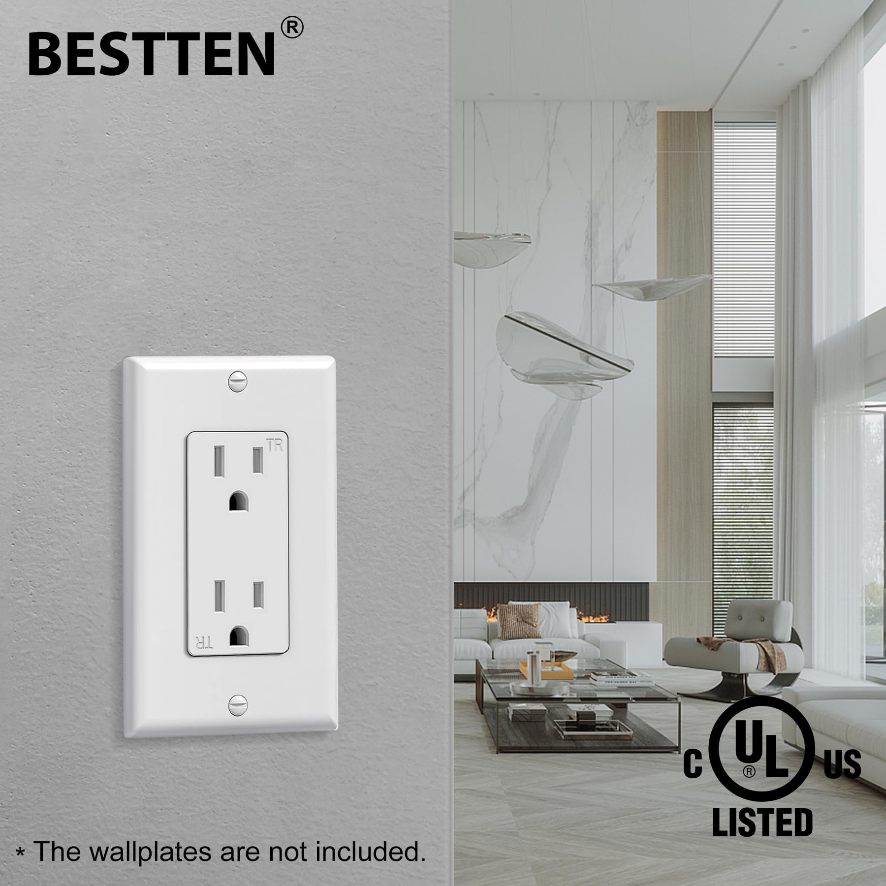 BESTTEN Decor Outlet tamper-resistant shutters safeguard against accidental insertion.