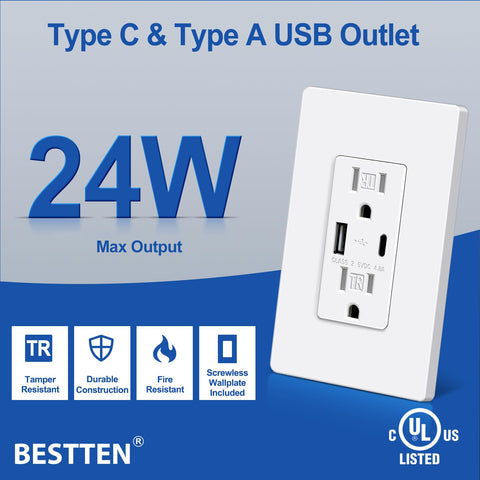 BESTTEN 24W USB Wall Outlet – 15 Amp, Type-C & Type-A, 4.8A USB Recept ...
