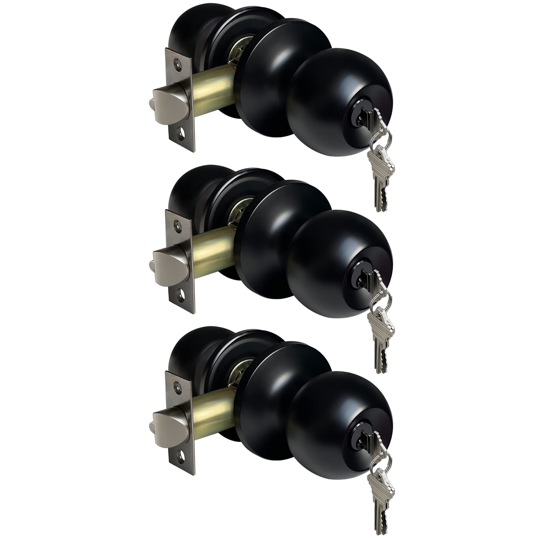 BESTTEN 3-pack keyed entry knobs matte black front view for secure entry