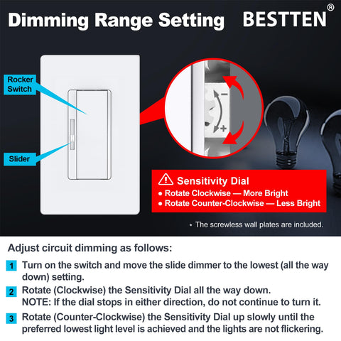 BESTTEN dimmer screwless wallplate included for a clean look