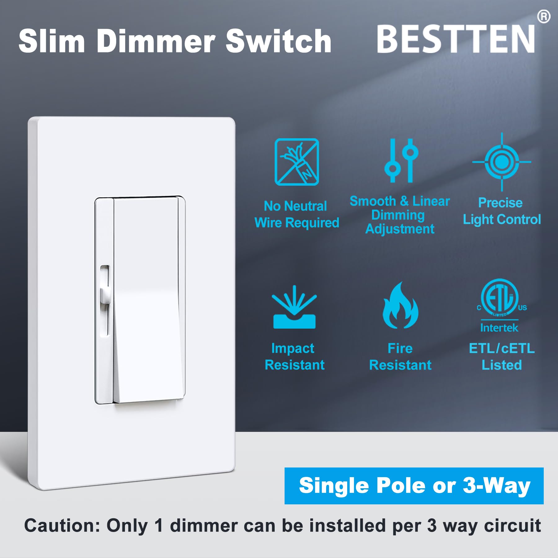 BESTTEN dimmer configured for single-pole or 3-way wiring in a home