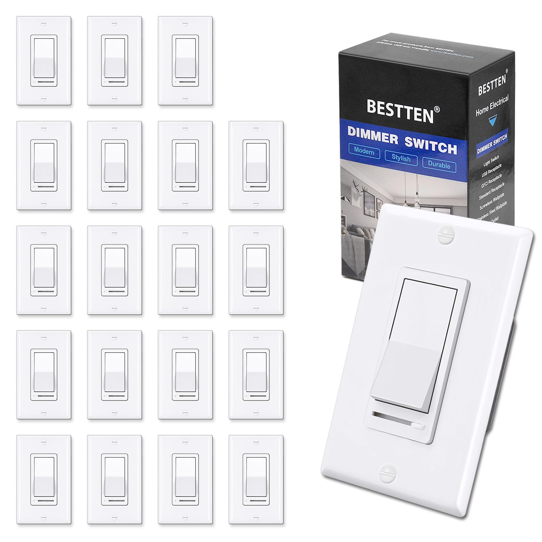BESTTEN dimmer switch front view demonstrates smooth lighting control in white finish.