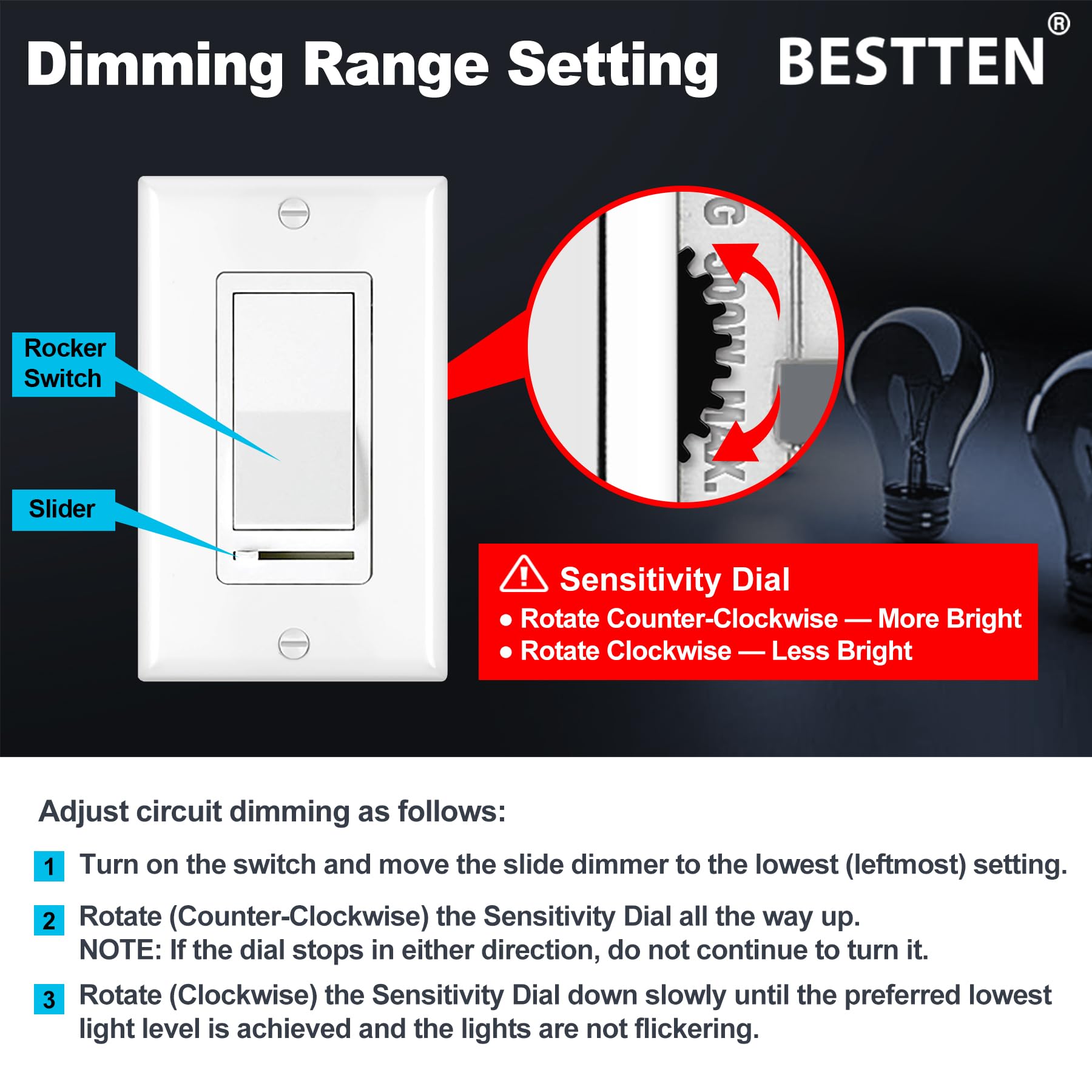 BESTTEN dimmer switch LED compatibility highlights smooth, flicker-free operation with modern bulbs.