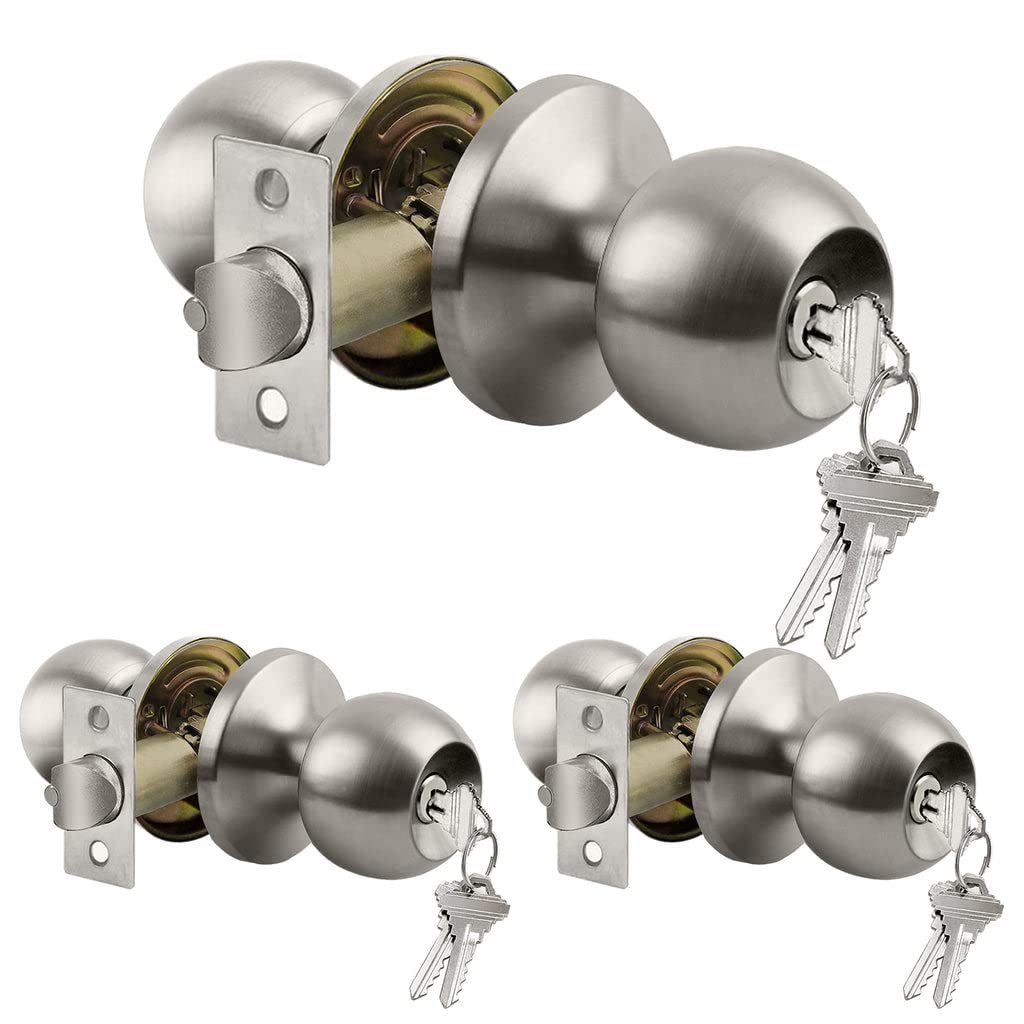 BESTTEN satin-nickel door knob with lock shown on front entrance for secure entry