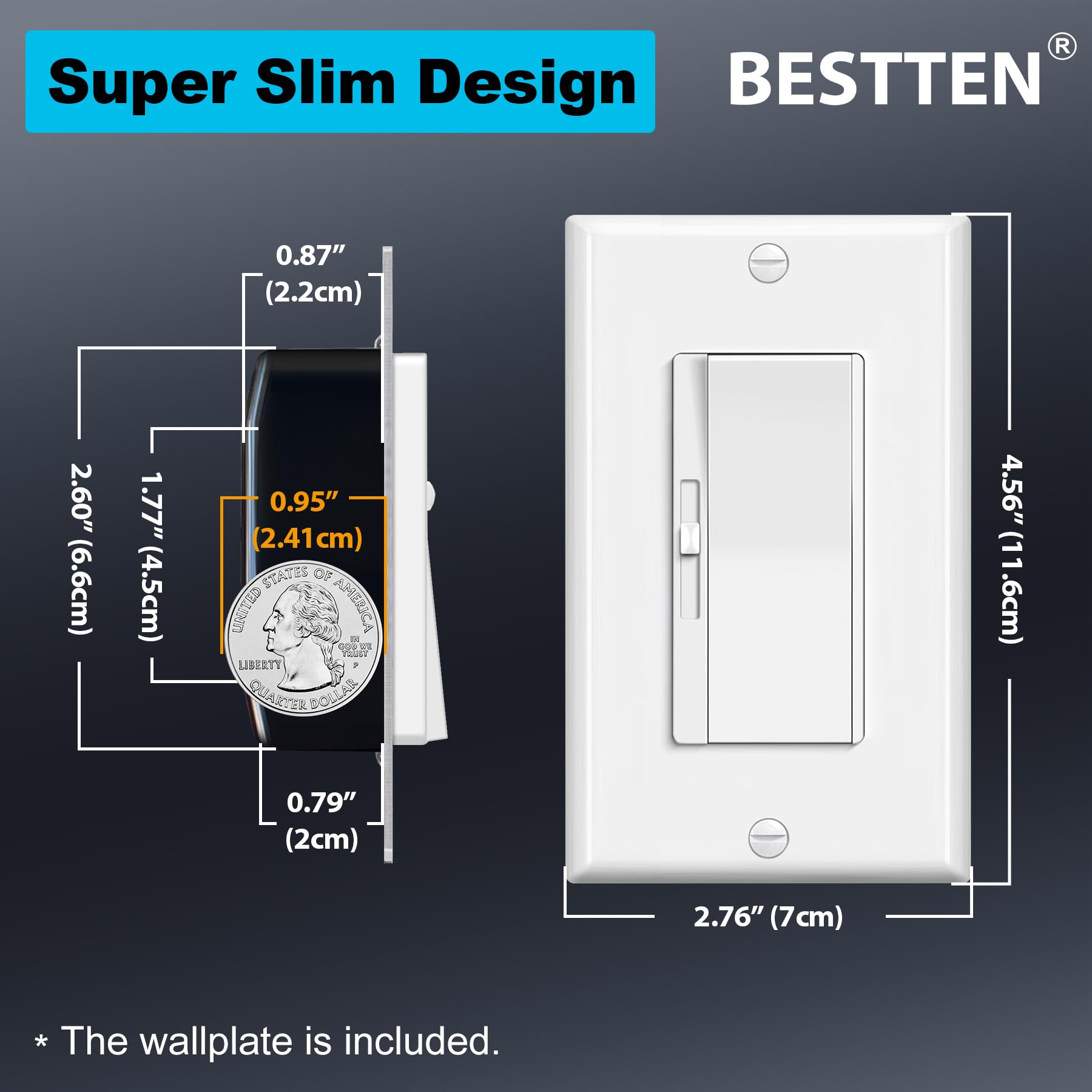 BESTTEN dimmer switch angled view shows simple mounting and versatile 1- or 3-way use.