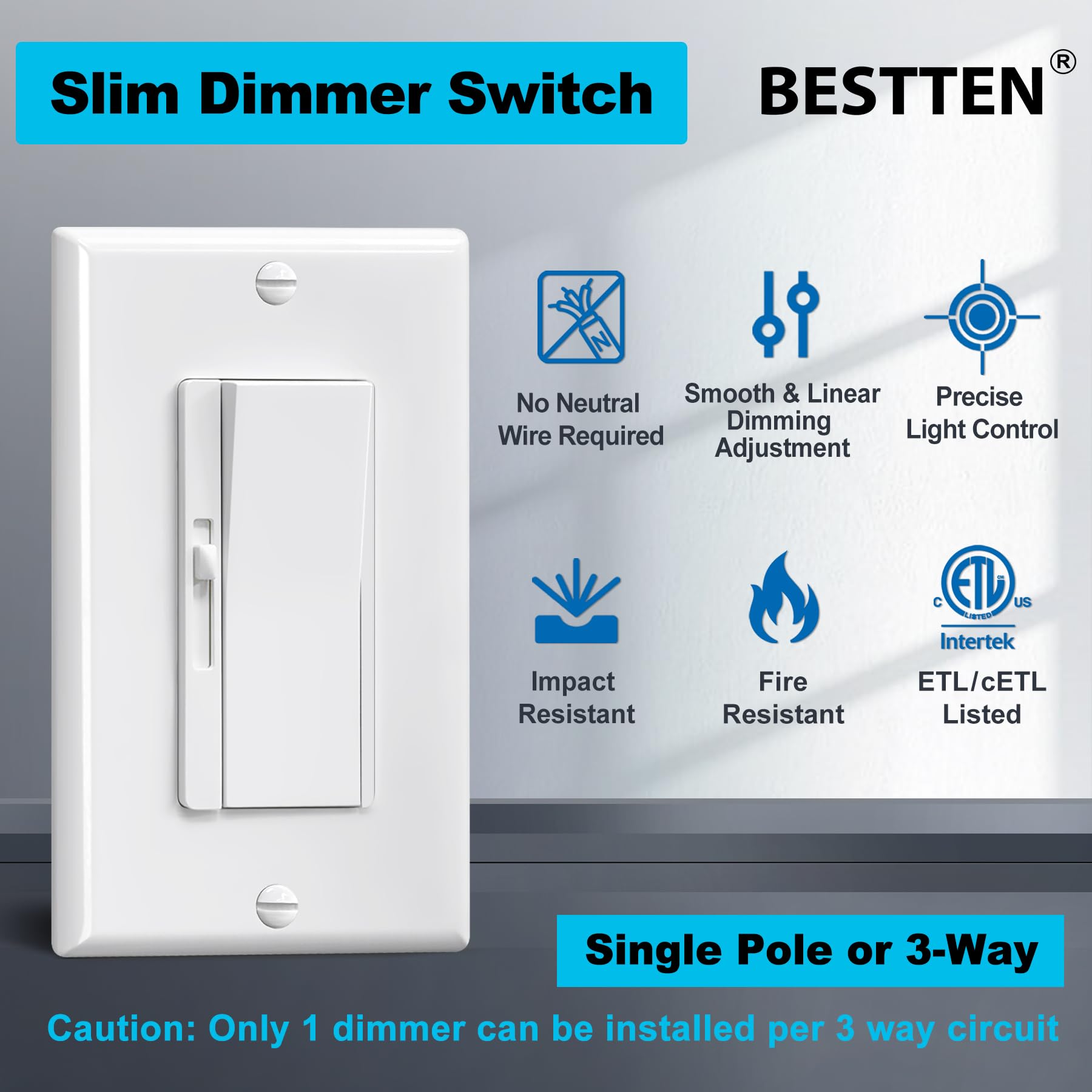 BESTTEN five-pack dimmer switch side profile highlights ultra-compact design for crowded boxes.