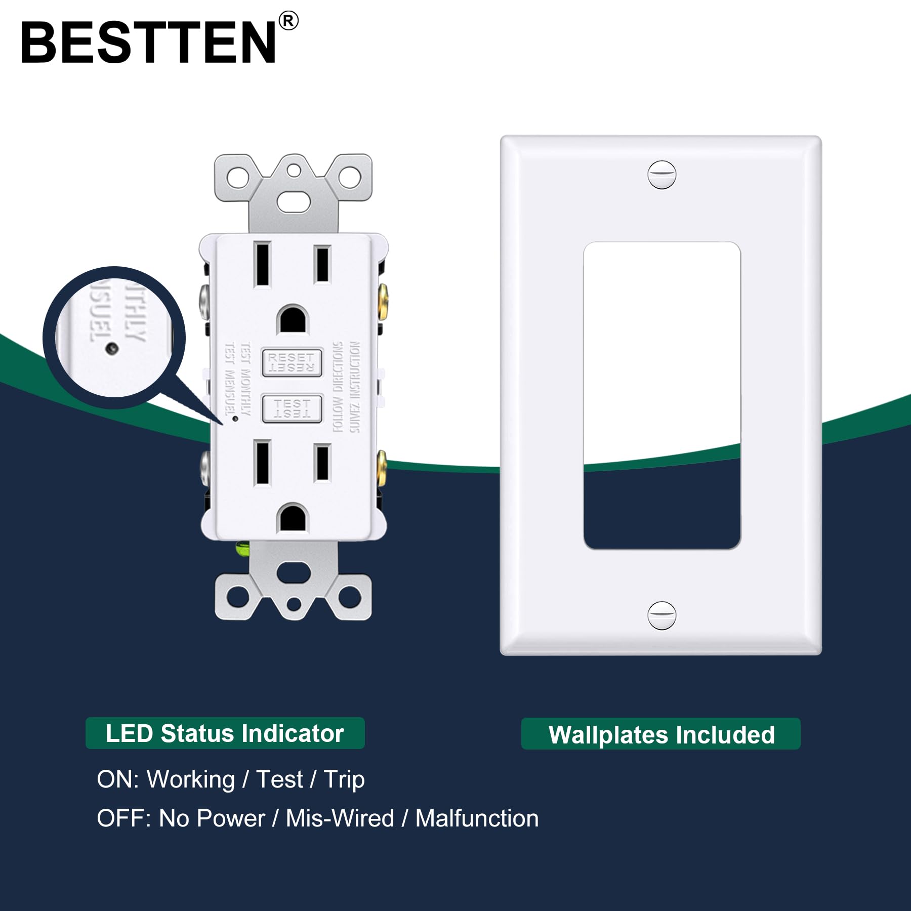 BESTTEN GFCI outlet test and reset buttons enable regular safety checks.
