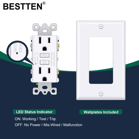 BESTTEN GFCI outlet test and reset buttons enable regular safety checks.