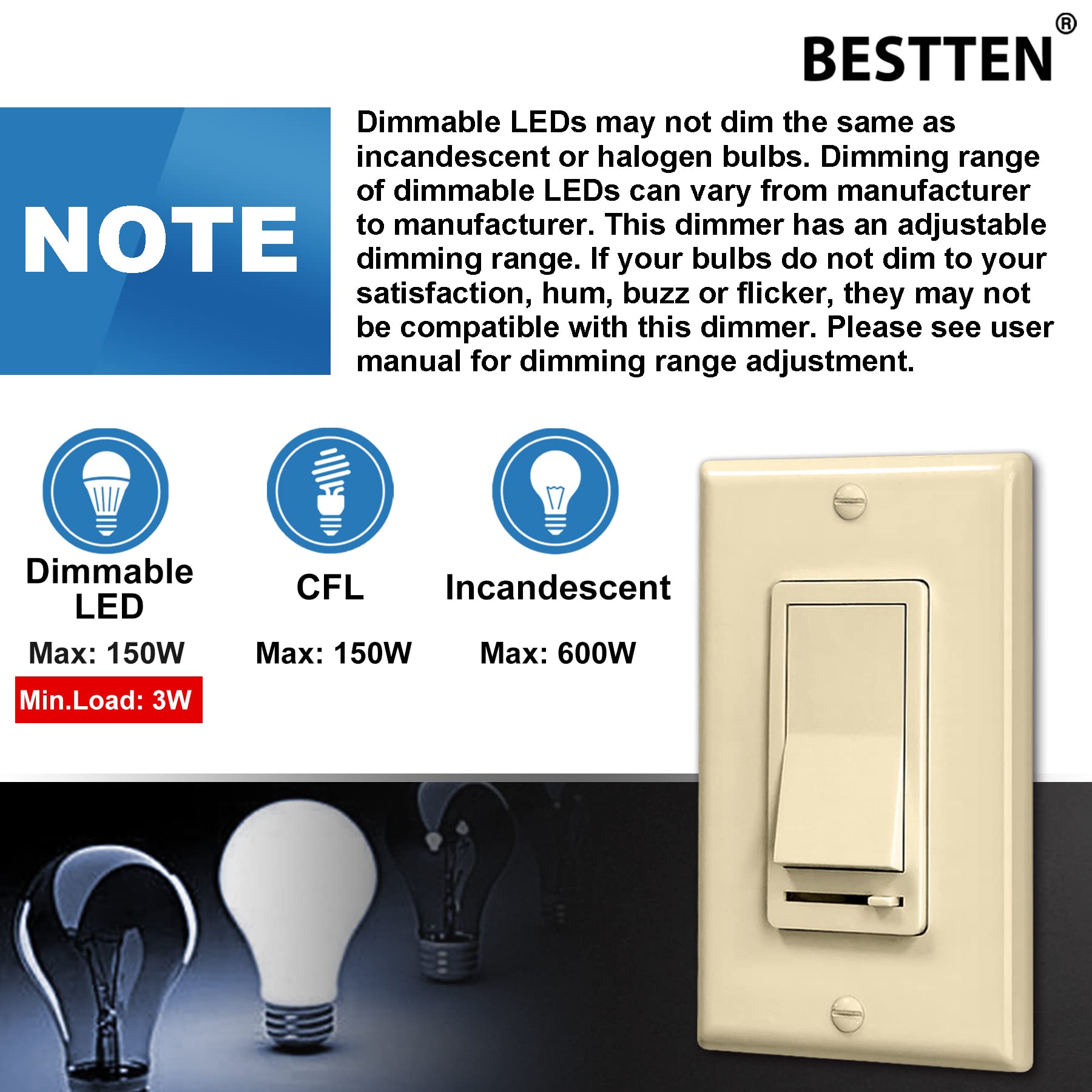 BESTTEN high-load capacity up to 150W LED/CFL and 600W incandescent