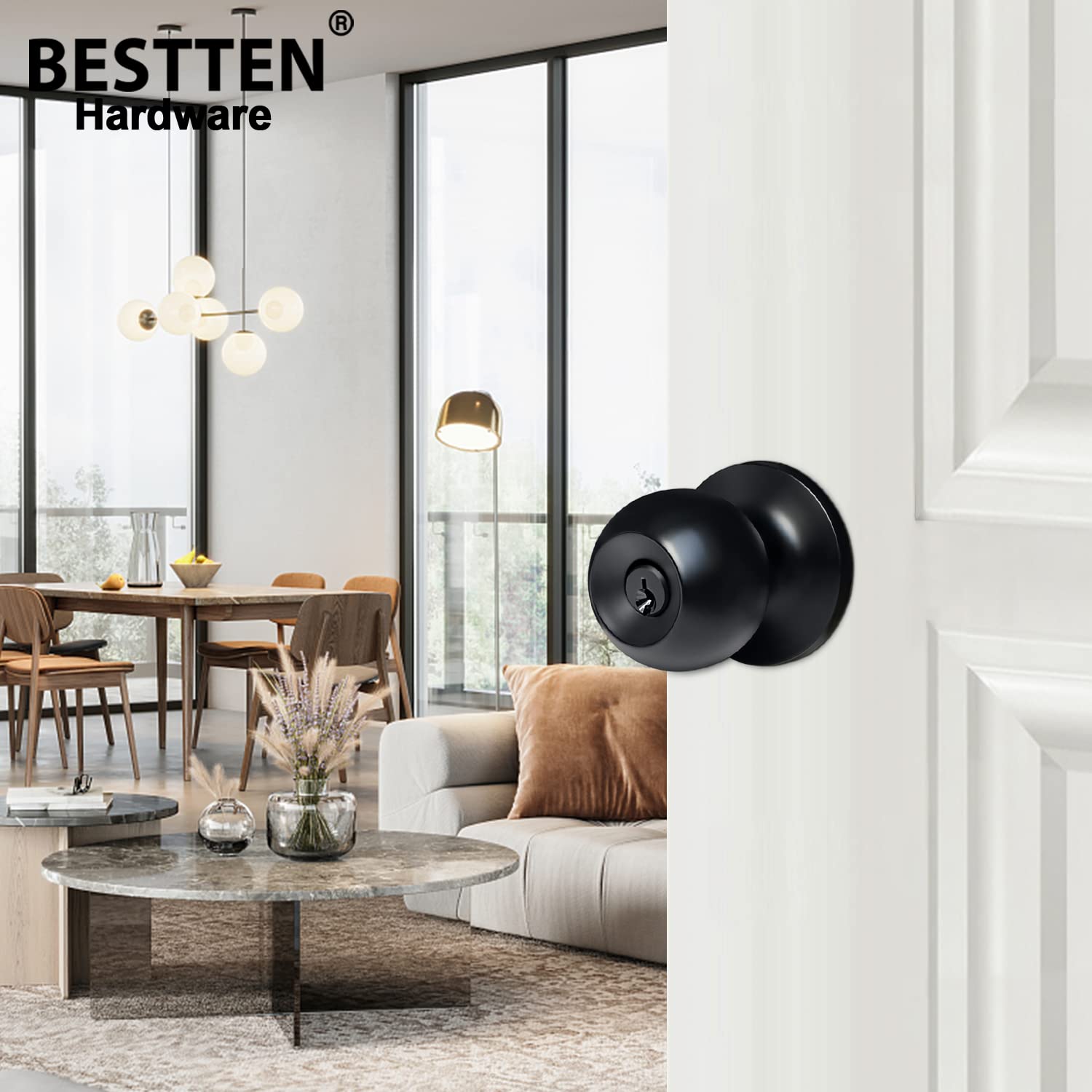 BESTTEN keyed entry knob matte black side handle closeup highlighting durable metal construction