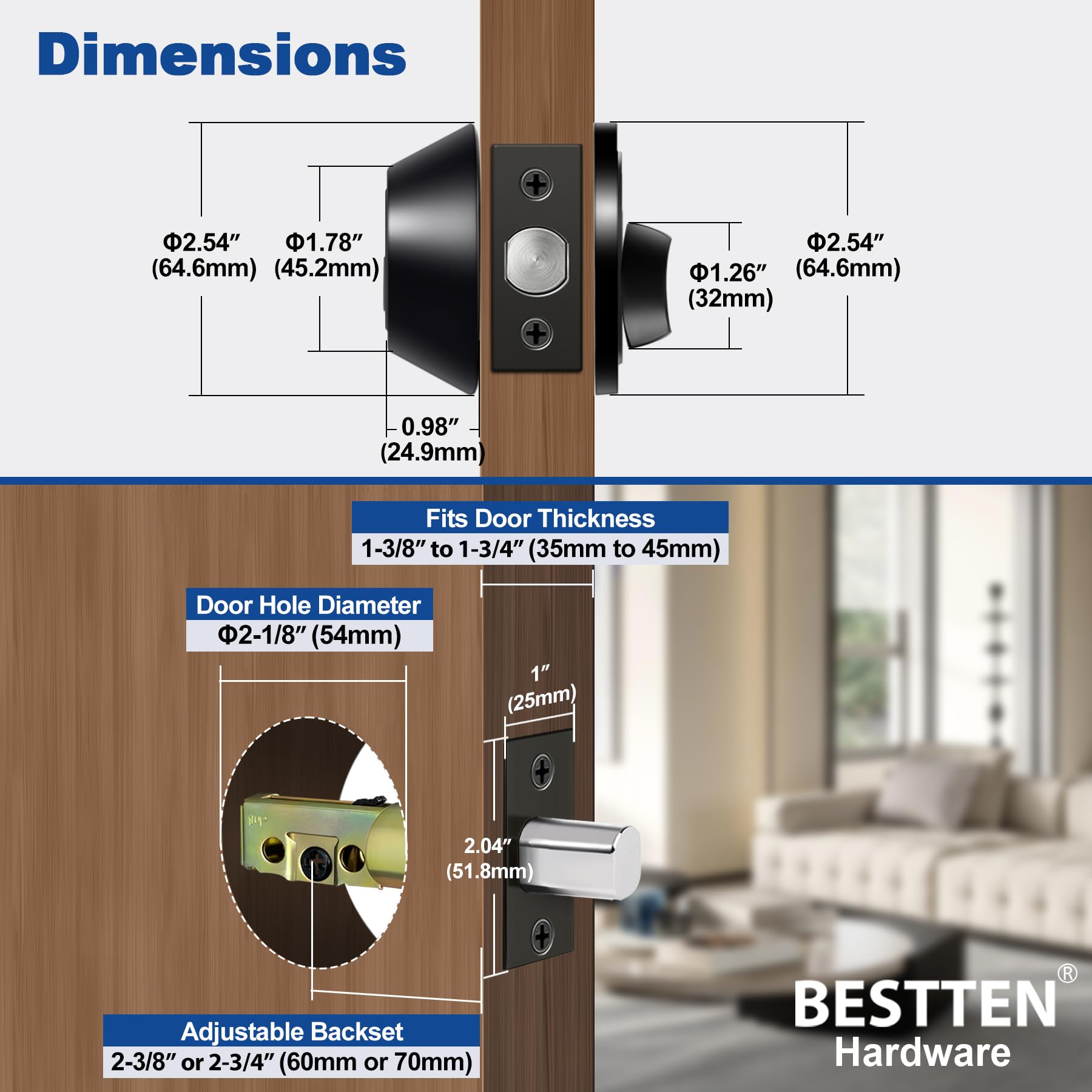 BESTTEN Matte black finish on deadbolt enhances exterior hardware compatibility