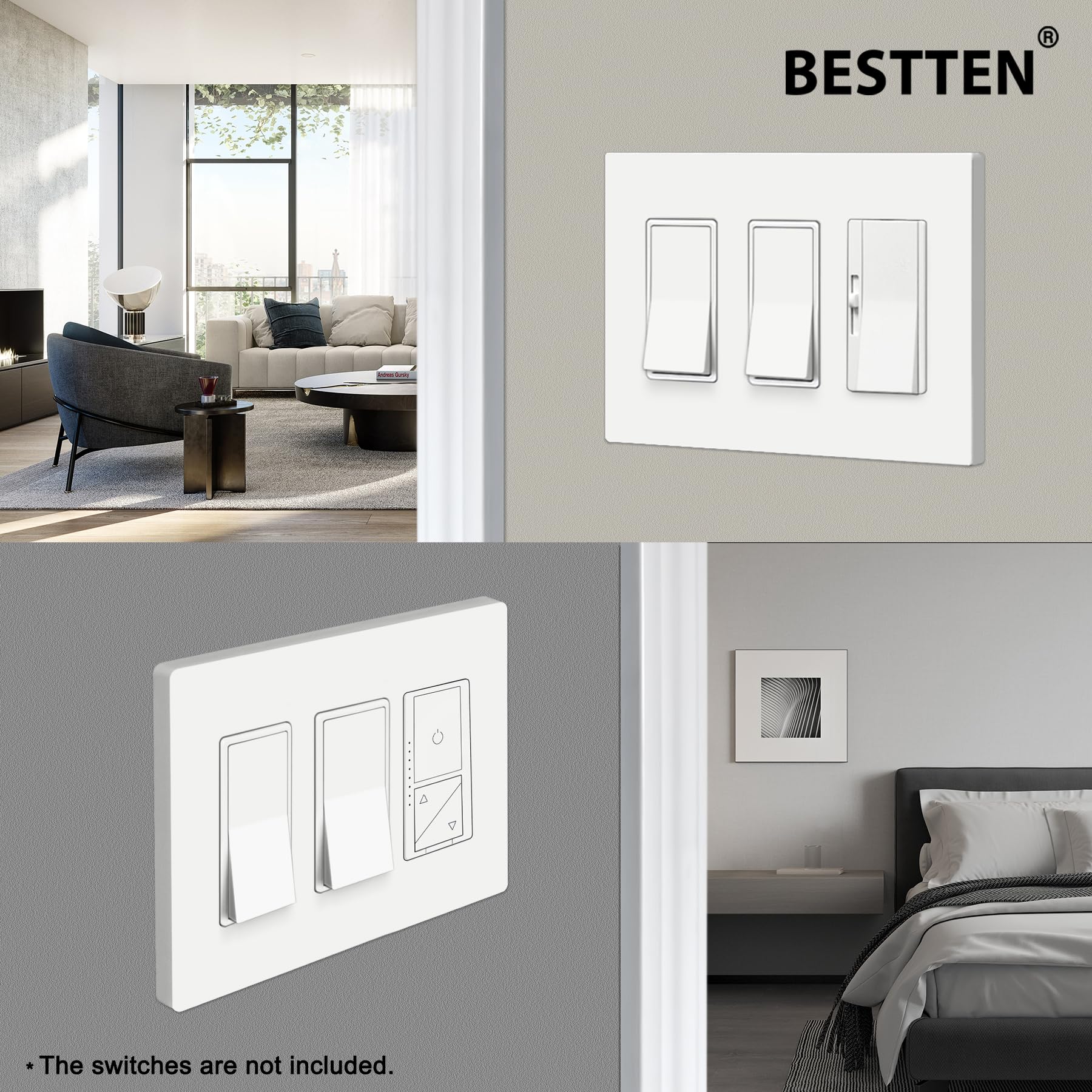 BESTTEN screwless wall plate front view with glossy finish for easy cleaning and modern appeal.