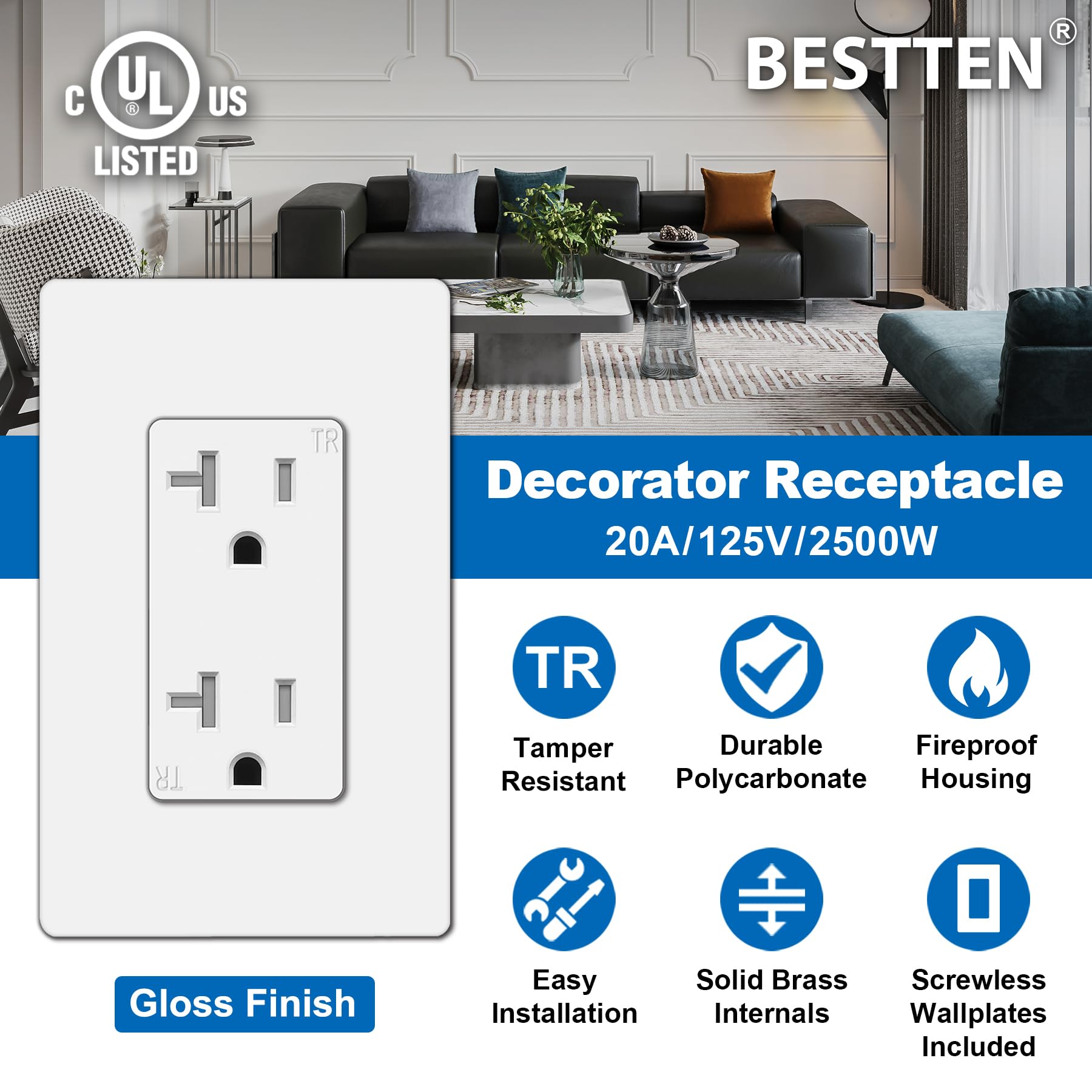 BESTTEN screwless wallplate included for a clean, modern wall look.