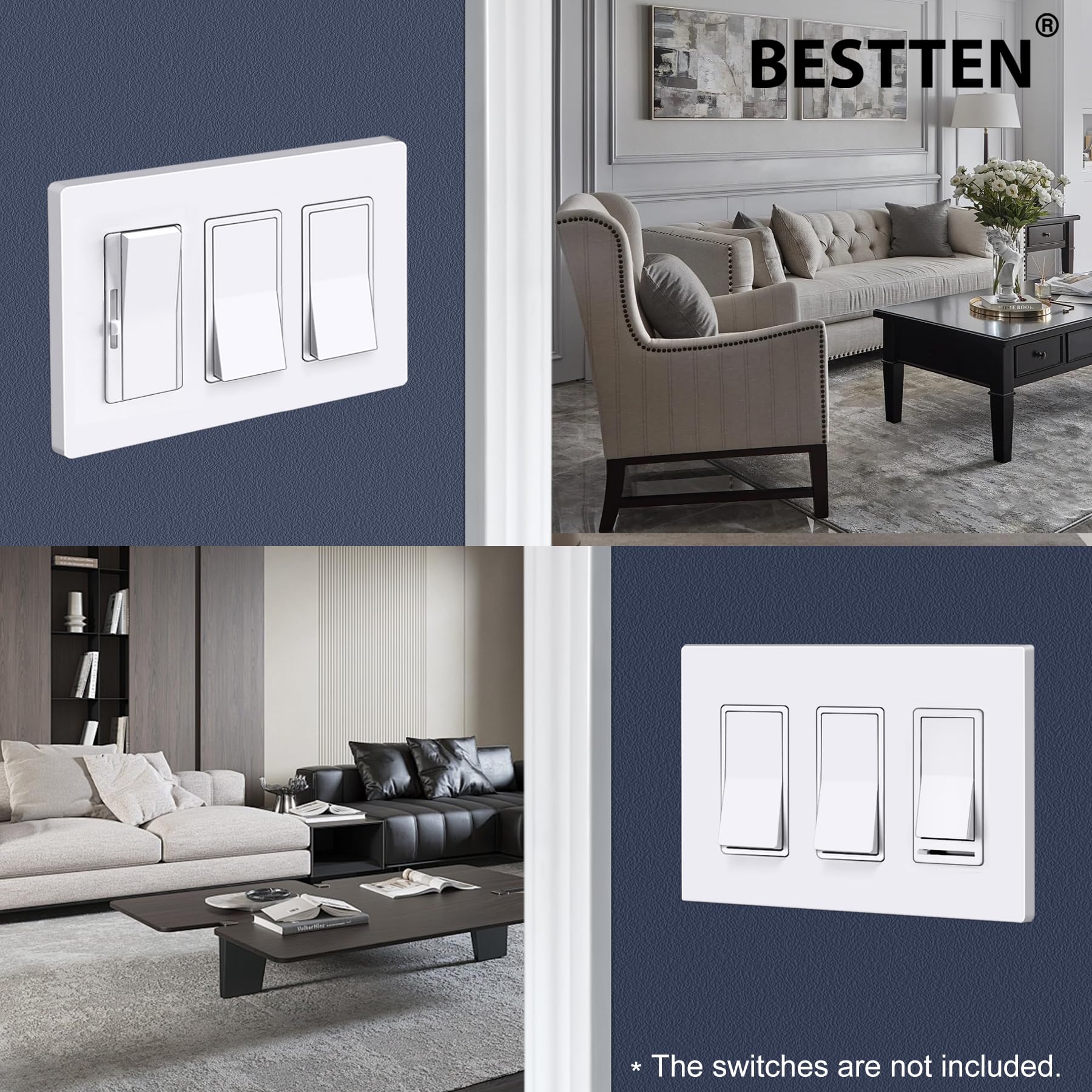 BESTTEN wall plate pack close-up showing decorator outlets for a cohesive room look.