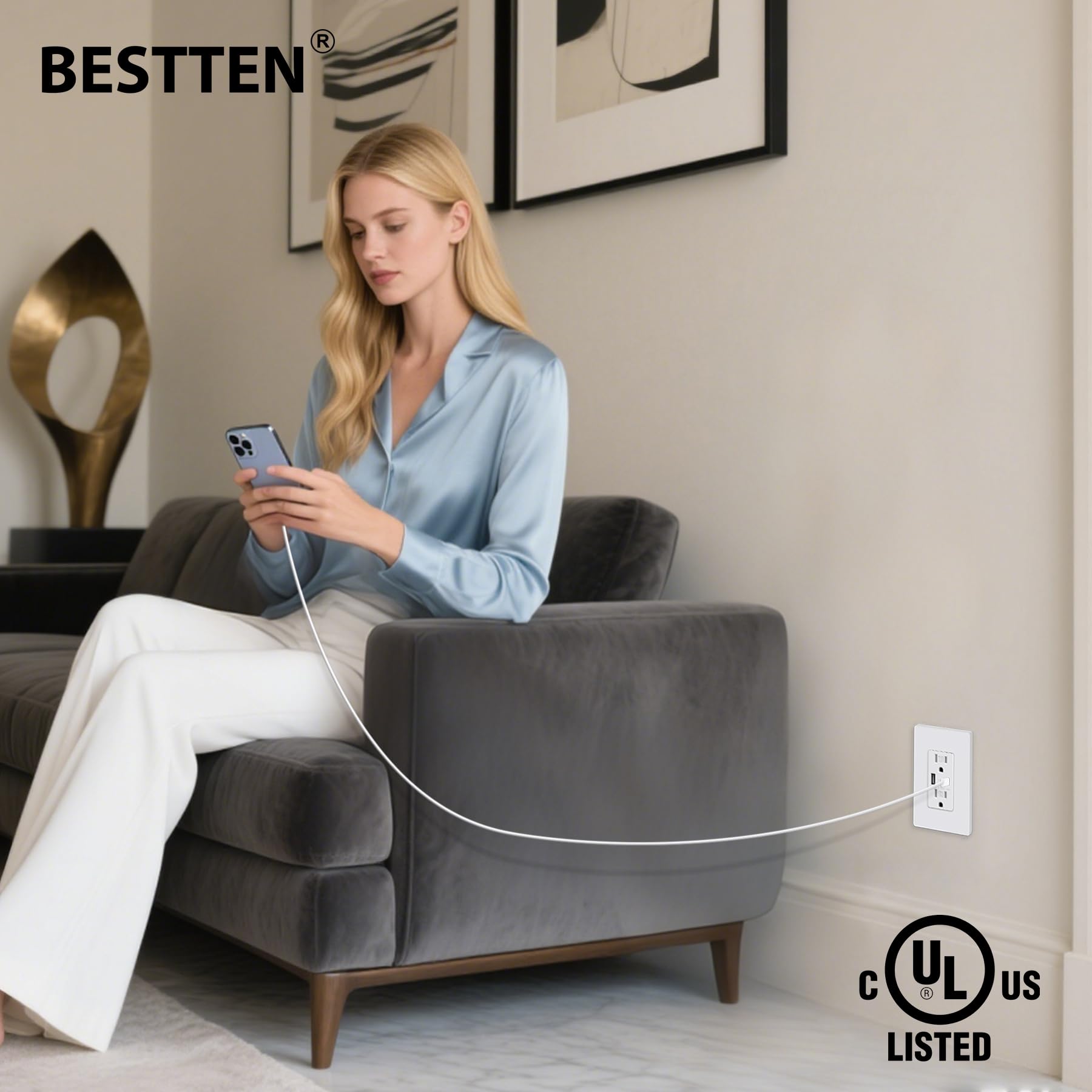 BESTTEN white-wall-outlet blends with modern decor and room aesthetics.