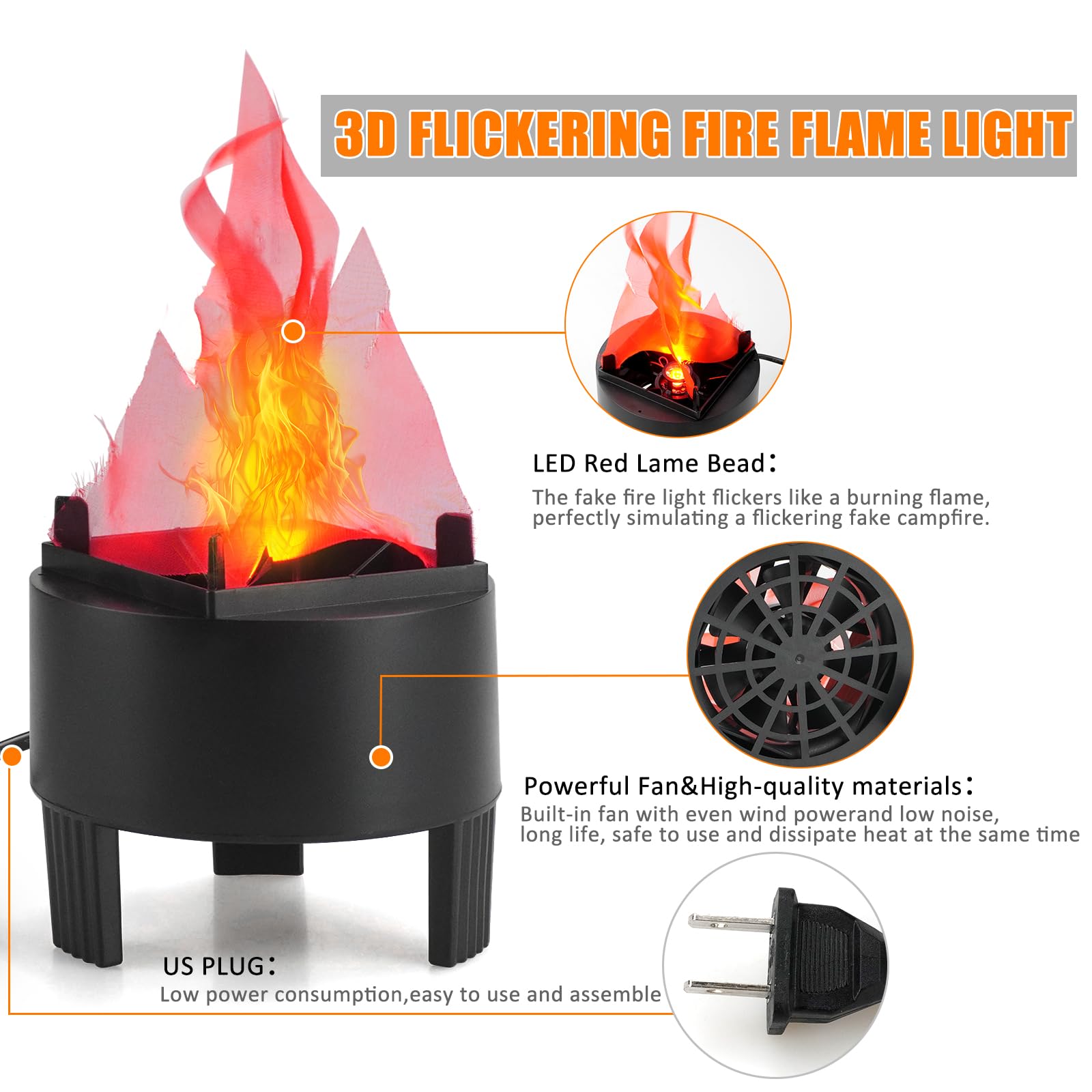 Bestview red-centered LED light illuminates the simulated flame for nighttime scenes
