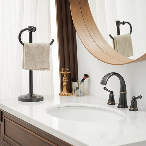 BESy towel bar stand, side view, oil rubbed bronze finish resists wear.