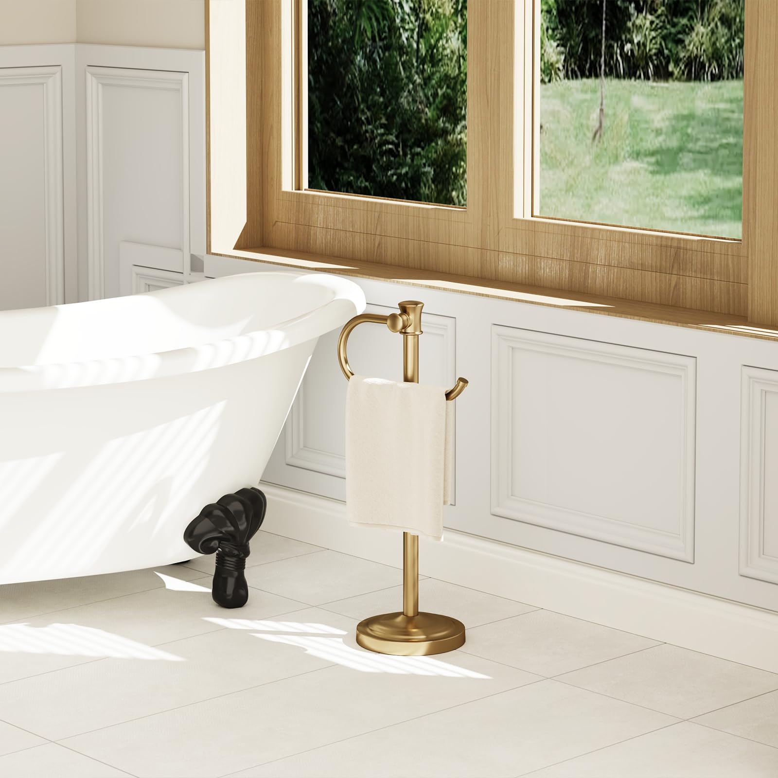 BESy brushed gold stand installed in bathroom setting for towels.