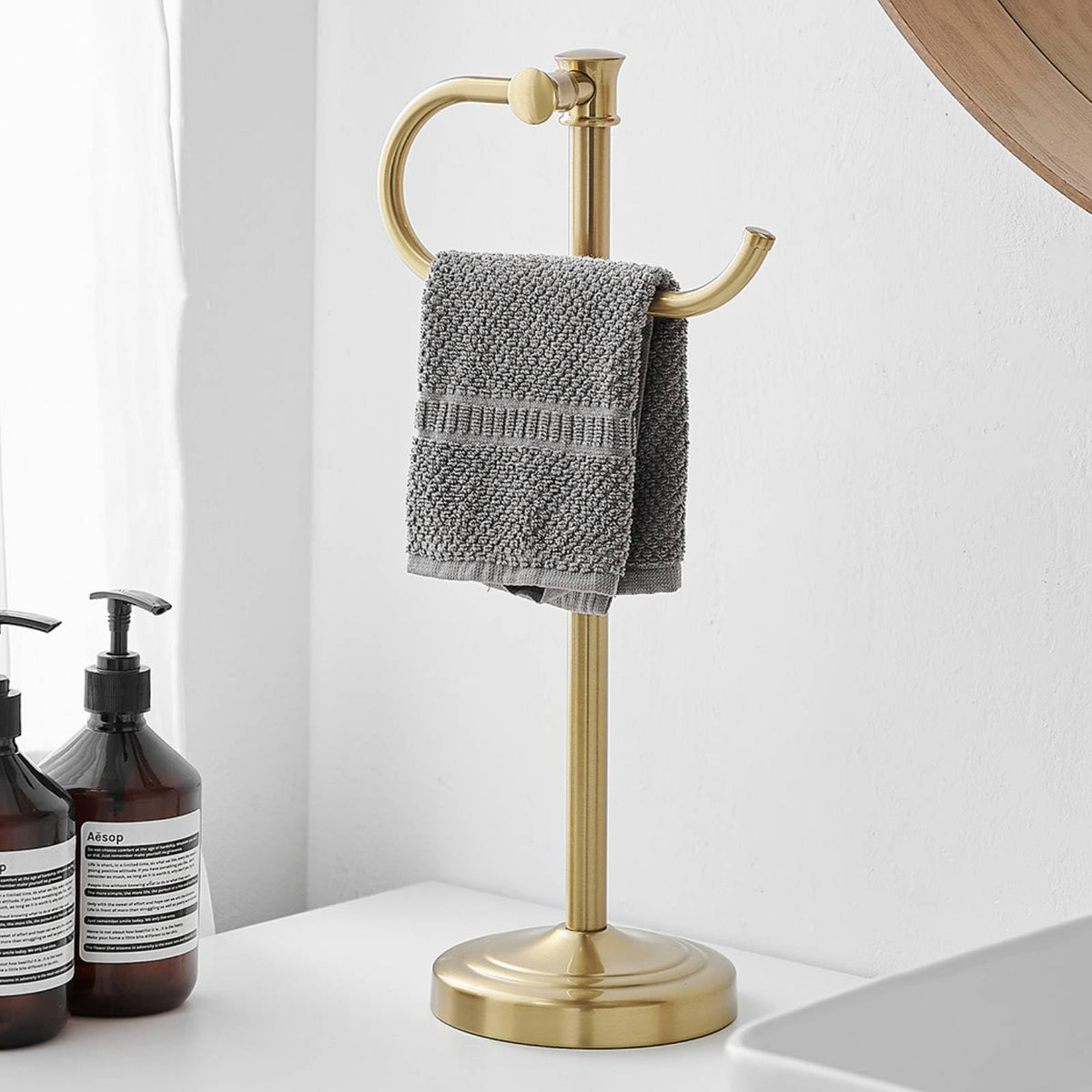 BESy brushed gold 17-inch towel bar front view for easy bathroom organization.
