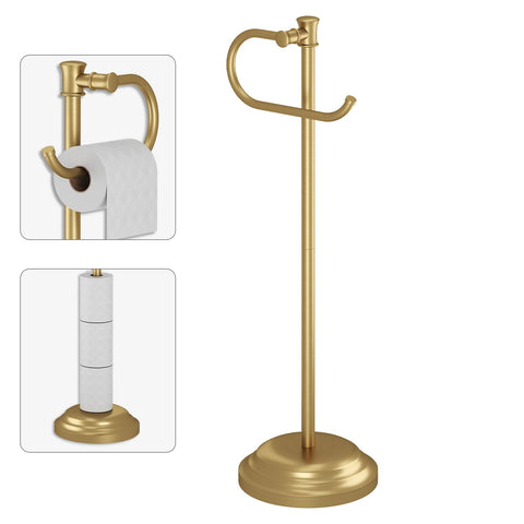 BESy brushed gold toilet paper holder base for stable upright placement.