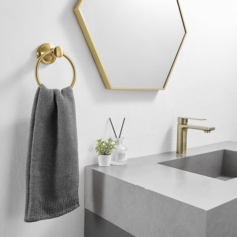 BESy Brushed Gold Towel Ring closeup finish highlights premium SUS 304 stainless steel shine.