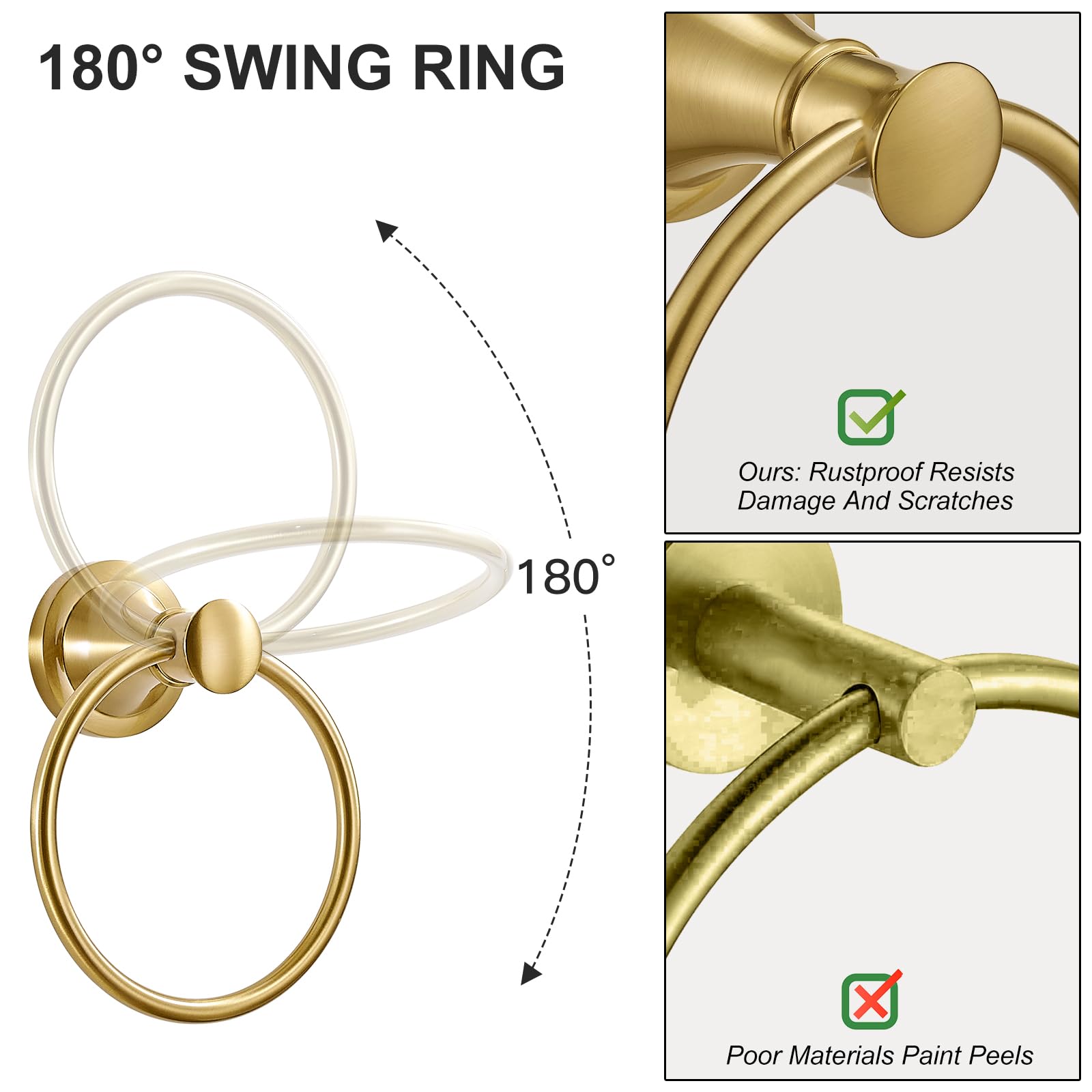BESy Brushed Gold Towel Ring hardware included for simple installation.