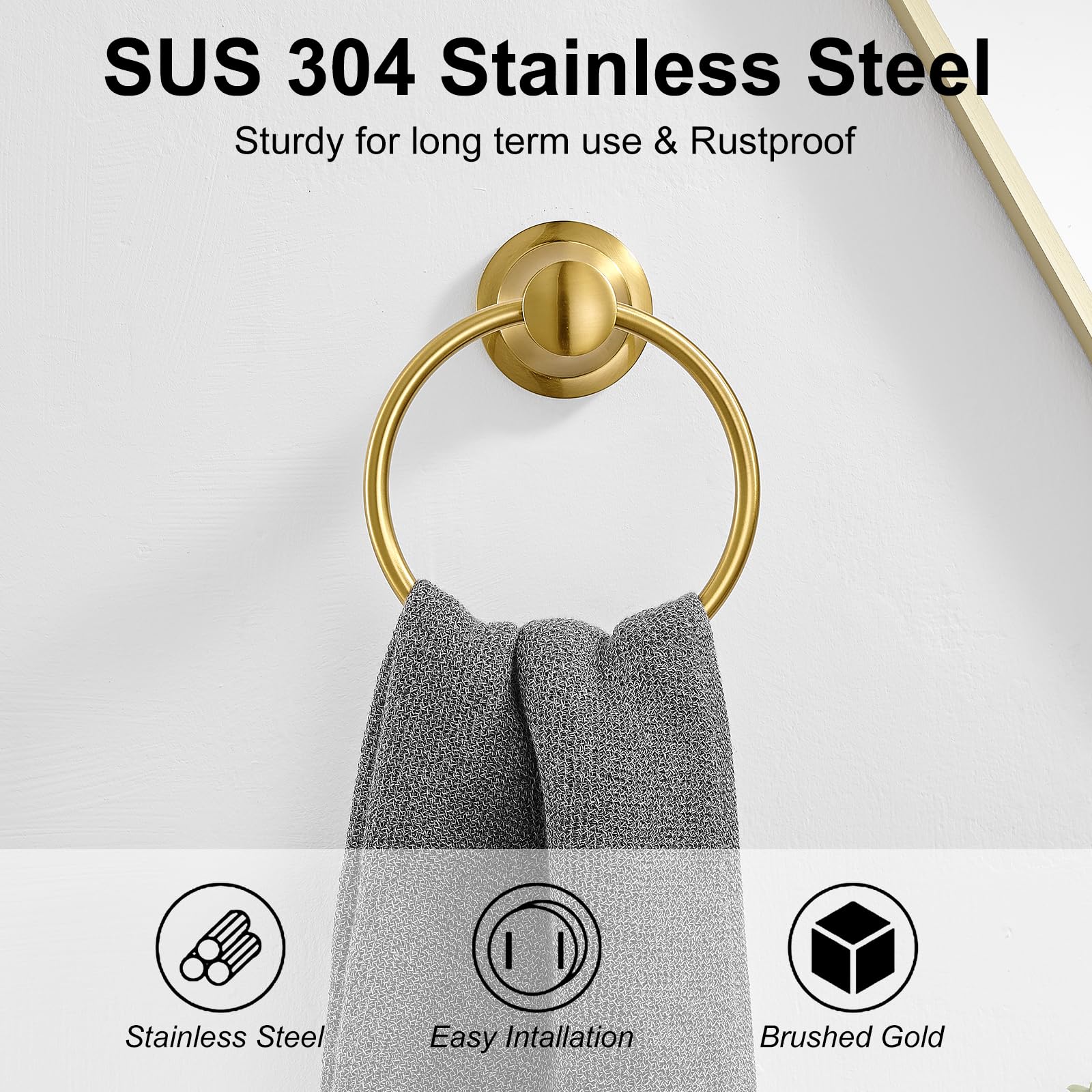 BESy Brushed Gold Towel Ring wall mount demonstrating durable hardware for daily use.