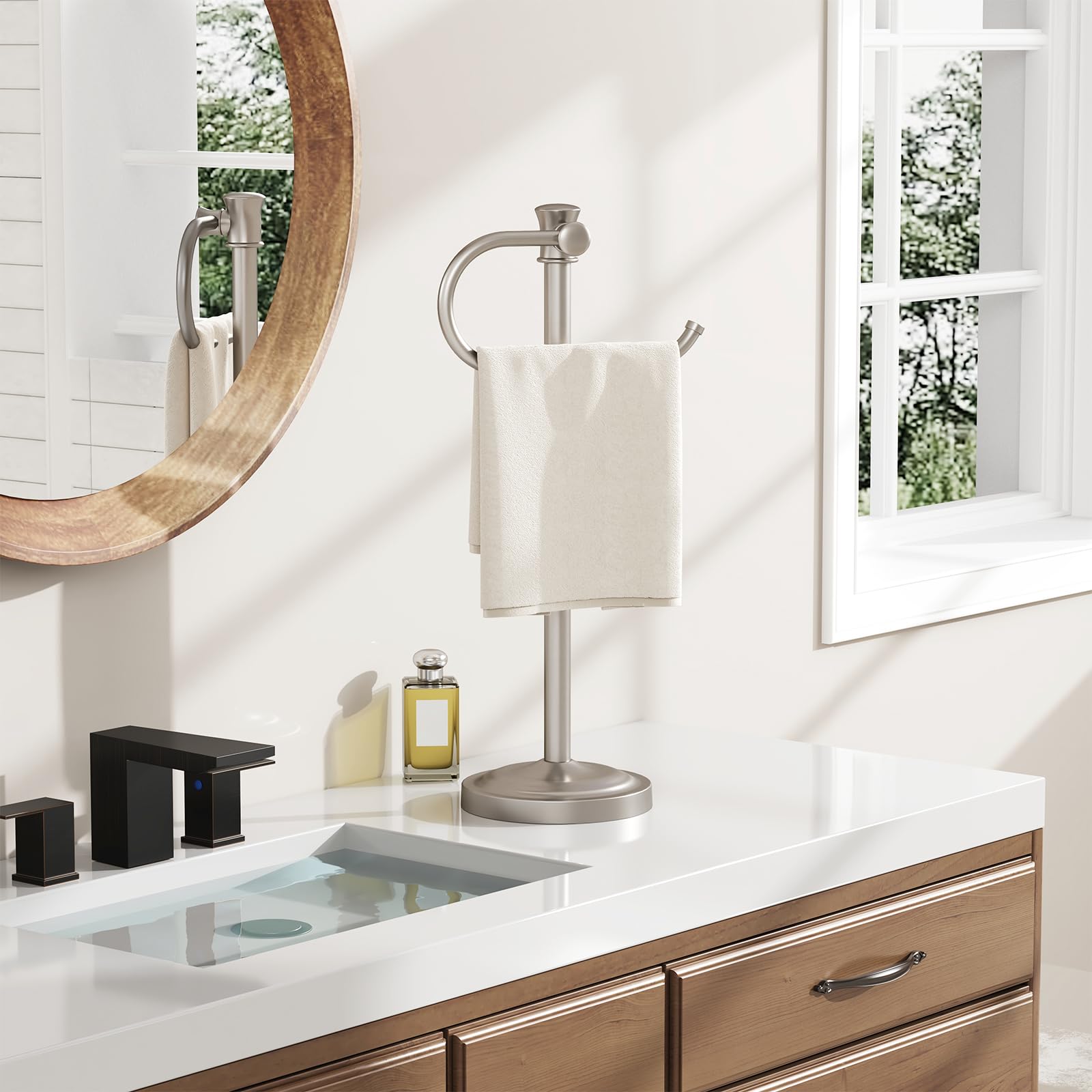 BESy brushed nickel towel bar stand base provides stable support for daily use.